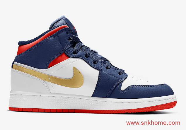 Air Jordan 1 Mid GS “Olympic”  AJ1蓝红金中帮新配色发售信息 货号：BQ6931-104