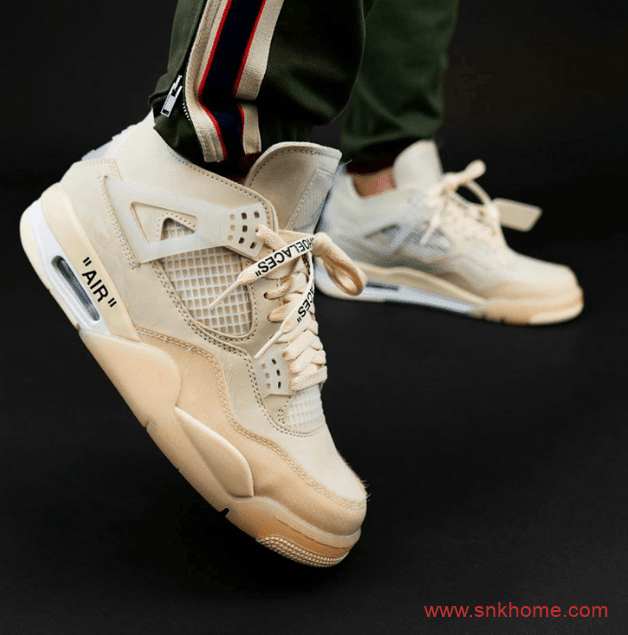 米黄色AJ4OW联名拍卖款上脚图 OFF-WHITE x Air Jordan 4 “Sail”  货号：CV9388-100