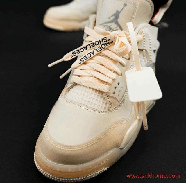 米黄色AJ4OW联名拍卖款上脚图 OFF-WHITE x Air Jordan 4 “Sail”  货号：CV9388-100