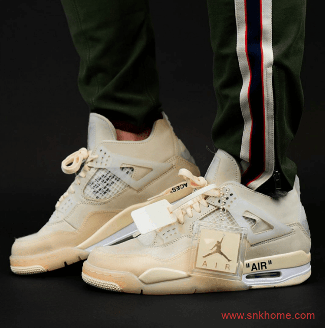 米黄色AJ4OW联名拍卖款上脚图 OFF-WHITE x Air Jordan 4 “Sail”  货号：CV9388-100