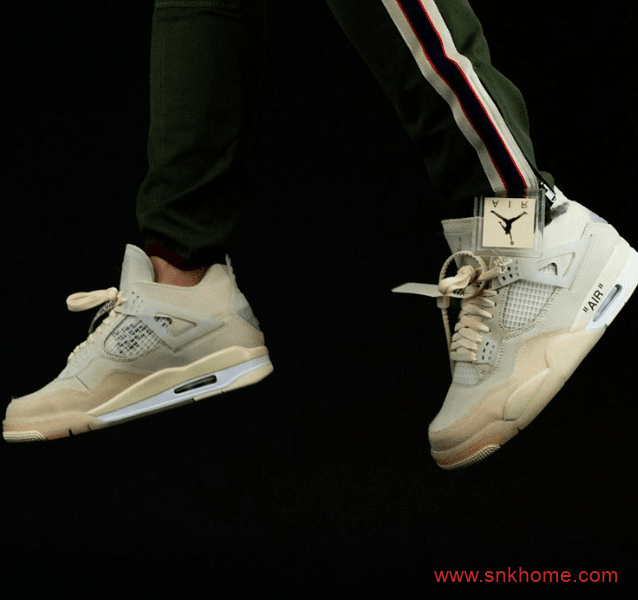 米黄色AJ4OW联名拍卖款上脚图 OFF-WHITE x Air Jordan 4 “Sail”  货号：CV9388-100