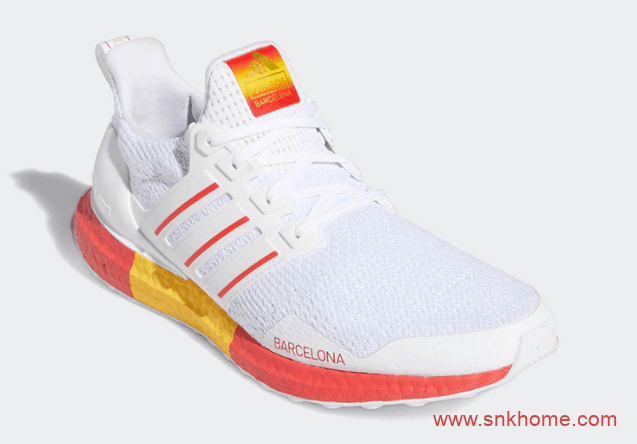 阿迪达斯透气小白鞋  adidas Ultra Boost DNA “Barcelona” 阿迪达斯城市限定白红配色官图 货号：FY2896