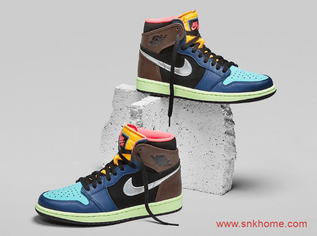 复刻AJ1 UNDFTD联名 Air Jordan 1 High OG “Bio Hack”蓝黑棕黄粉多色拼接实物图 货号：555088-201