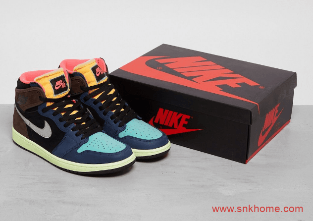 复刻AJ1 UNDFTD联名 Air Jordan 1 High OG “Bio Hack”蓝黑棕黄粉多色拼接实物图 货号：555088-201