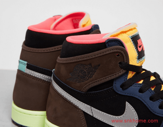 复刻AJ1 UNDFTD联名 Air Jordan 1 High OG “Bio Hack”蓝黑棕黄粉多色拼接实物图 货号：555088-201