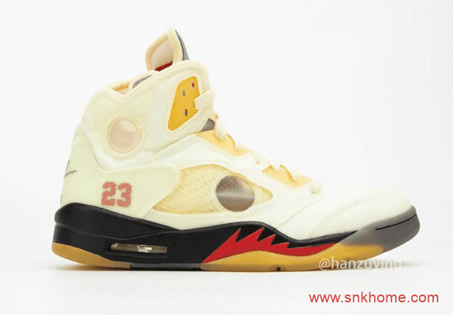 AJ5OW联名米黄色第三款配色 OFF-WHITE x Air Jordan 5 “Sail”细节致敬AJ5流川枫 货号：DH8565-100