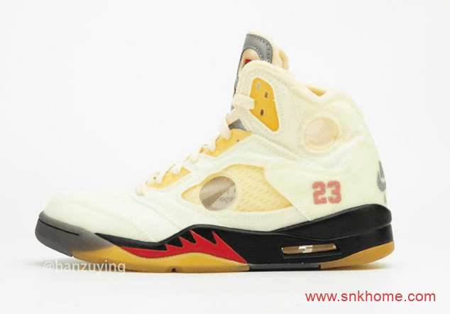 AJ5OW联名米黄色第三款配色 OFF-WHITE x Air Jordan 5 “Sail”细节致敬AJ5流川枫 货号：DH8565-100