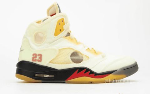 AJ5OW联名米黄色球鞋 OFF-WHITE x Air Jordan 5 “Sail”发售日期 AJ5联名上脚图 货号：DH8565-100