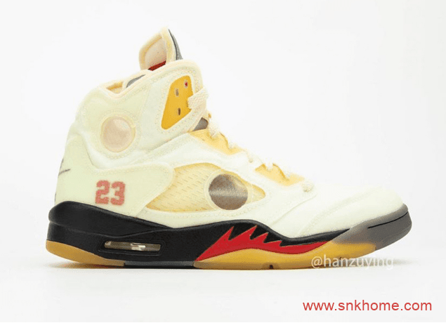 AJ5OW联名米黄色球鞋 OFF-WHITE x Air Jordan 5 “Sail”发售日期 AJ5联名上脚图 货号：DH8565-100