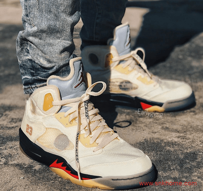 AJ5OW联名米黄色球鞋 OFF-WHITE x Air Jordan 5 “Sail”发售日期 AJ5联名上脚图 货号：DH8565-100