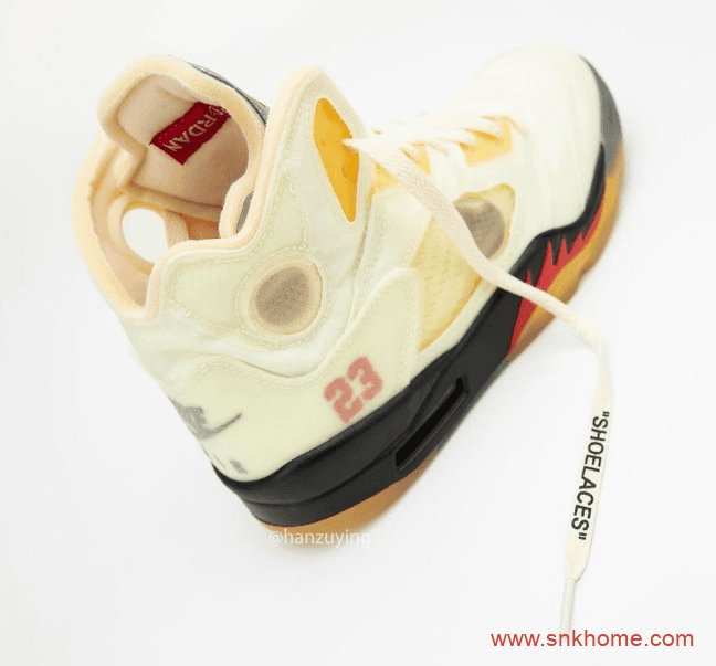 AJ5OW联名米黄色球鞋 OFF-WHITE x Air Jordan 5 “Sail”发售日期 AJ5联名上脚图 货号：DH8565-100