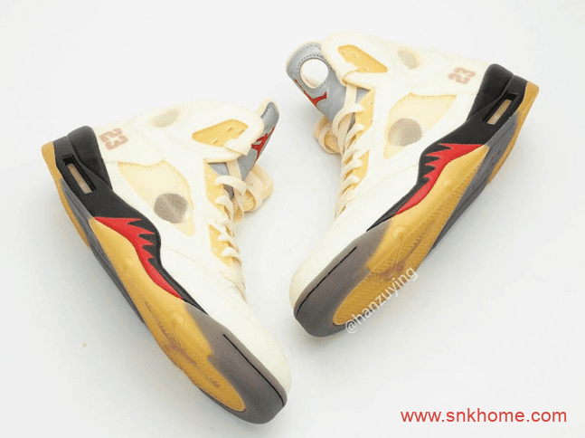 AJ5OW联名米黄色球鞋 OFF-WHITE x Air Jordan 5 “Sail”发售日期 AJ5联名上脚图 货号：DH8565-100