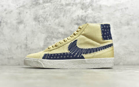 耐克SB开拓者卡其丹宁深蓝白刺绣 NIKE SB Blazer Mid Premium”Sashiko Sesame”王一博同款 货号：CT0715-400