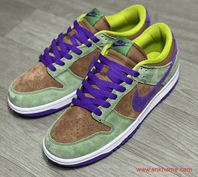 耐克Dunk丑小鸭上脚图 Nike Dunk Low SP “Veneer” Dunk棕绿黄紫翻毛皮 货号：DA1469-200