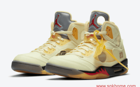 耐克AJ5OW联名蝉翼黄色高帮球鞋 OFF-WHITE x Air Jordan 5 “Sail”美国官网上架 货号：DH8565-100