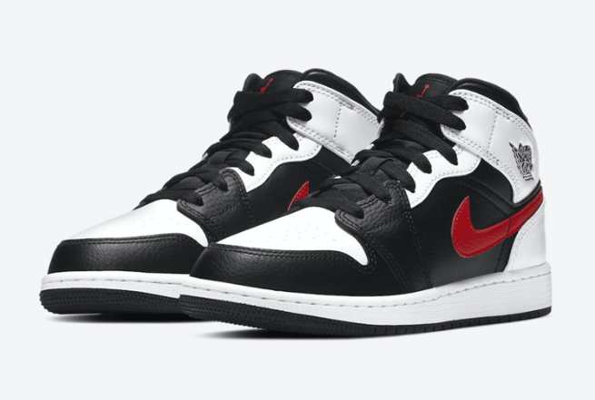 AJ1黑白红中帮全新配色 Air Jordan 1 Mid GS 经典AJ1黑白GS版本 货号：554725-075